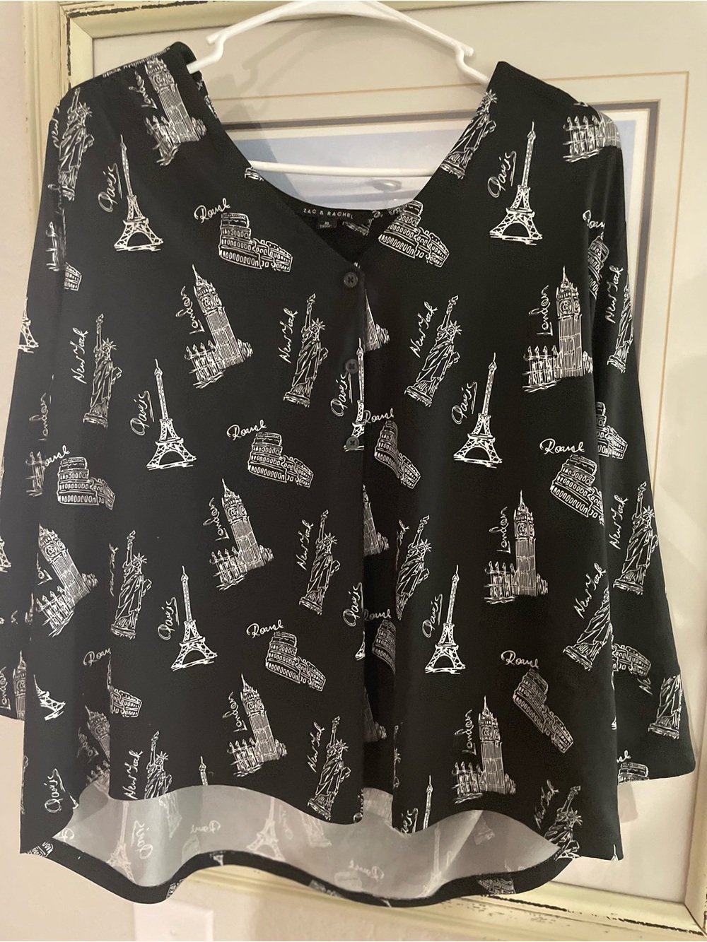 Zac & Rachel Black Blouse with White Paris Landmark Print